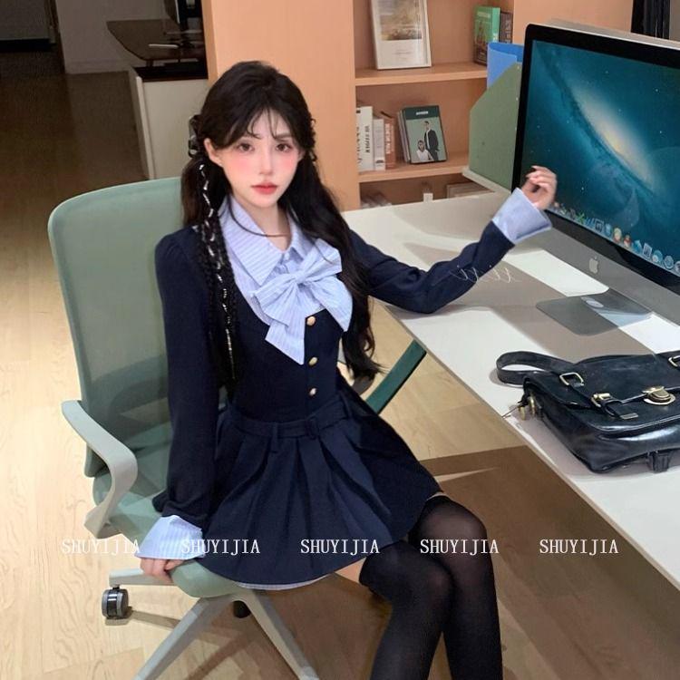 Korean Style Patchwork Bowknot Two-Piece Dress - Slim Fit JK Uniform Autumn/Winter Set S (37-48 kg)