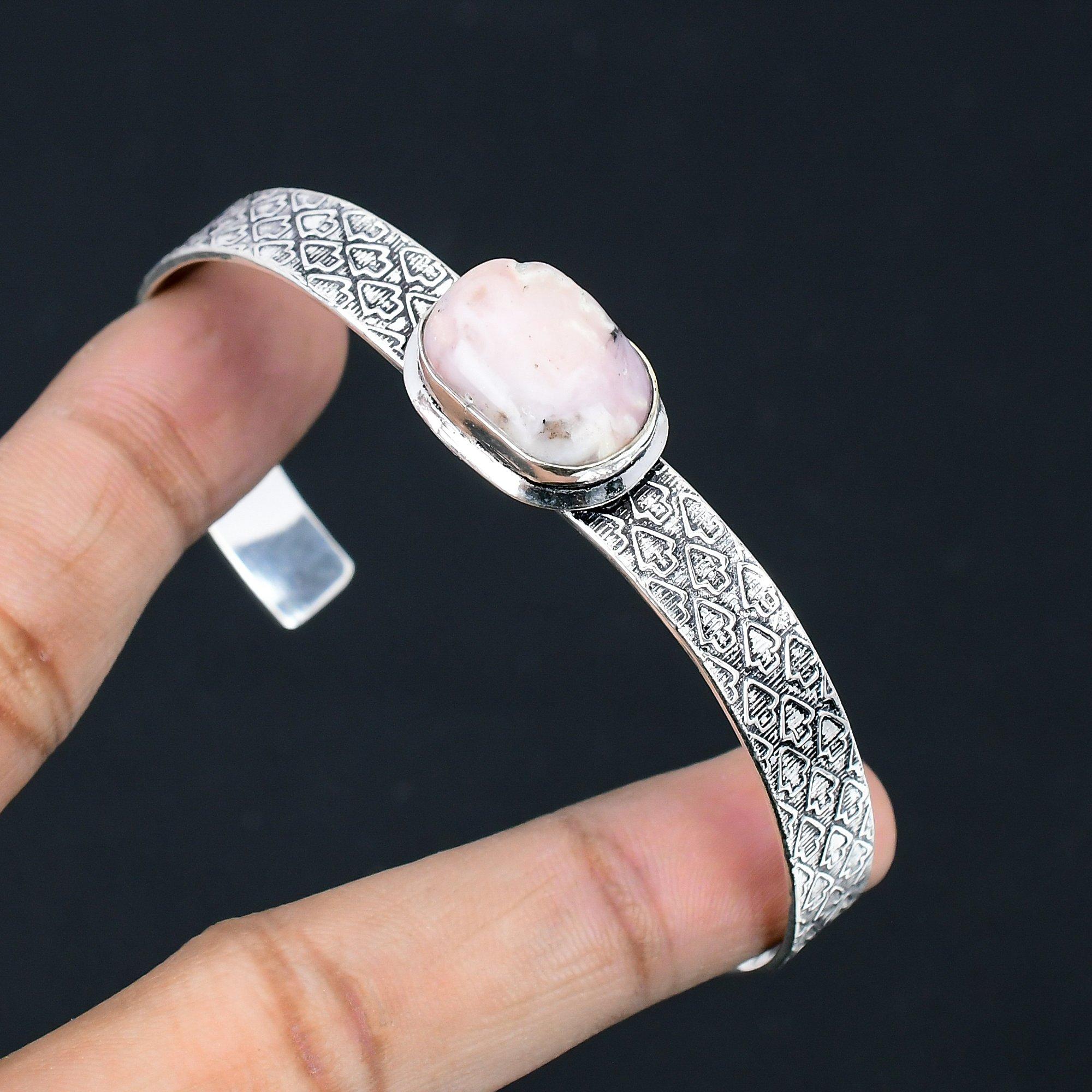 

925 Sterling Silver Oval Pink Opal Gemstone Anniversary Wedding Bangle Bracelet Adjustable