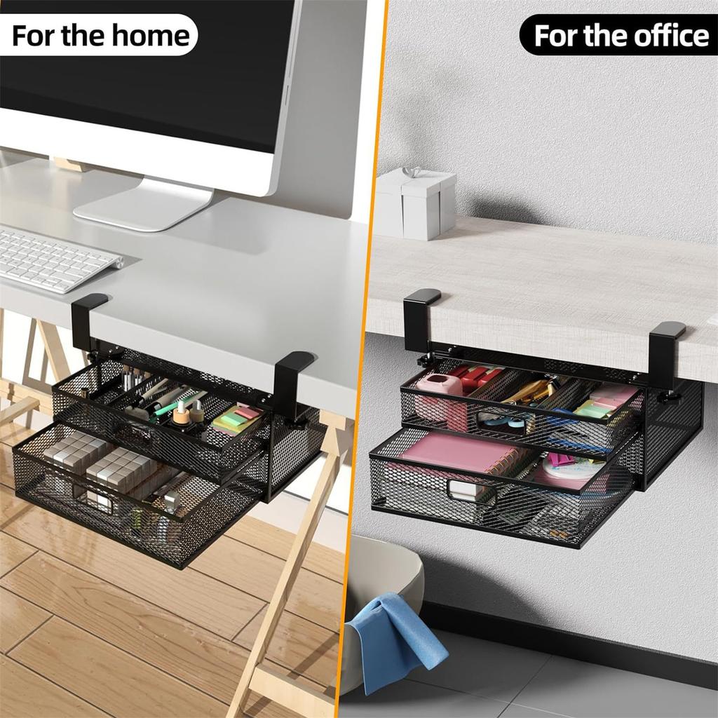 Under Desk Drawer Organizer, No Drilling Mesh Metal Hidden Under Desk Storage Drawer, Desk Organizer With 2 Tier Slide Out Drawer For Home And Office