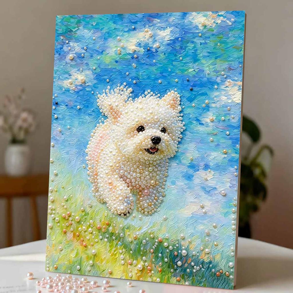 DIY Framed Pearl Painting Kit with Cute White Puppy Pattern 5D Sparkling Bead Art Canvas Ready to Display Home Decor Wall Art Gift Idea