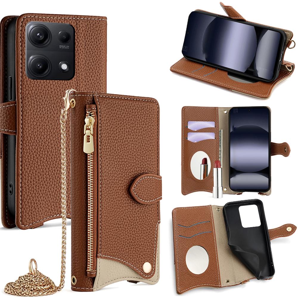 

For Xiaomi Redmi Note 14S 4G Leather Case Wallet Stand Cover Irregular Tail Style with Chain Strap Brown