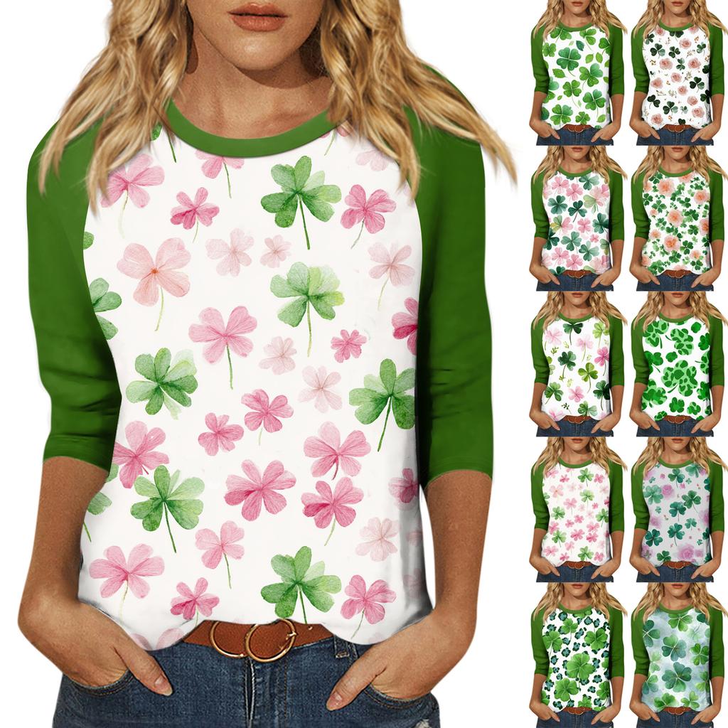 Women's St. Patrick's Day Print Round Neck Three-Quarter Sleeve Top