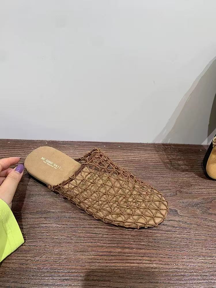 Niche Fishnet Woven Hollow Sandals Women's Summer New Fisherman Flat Bottom Round Head Bag Head Half Slippers