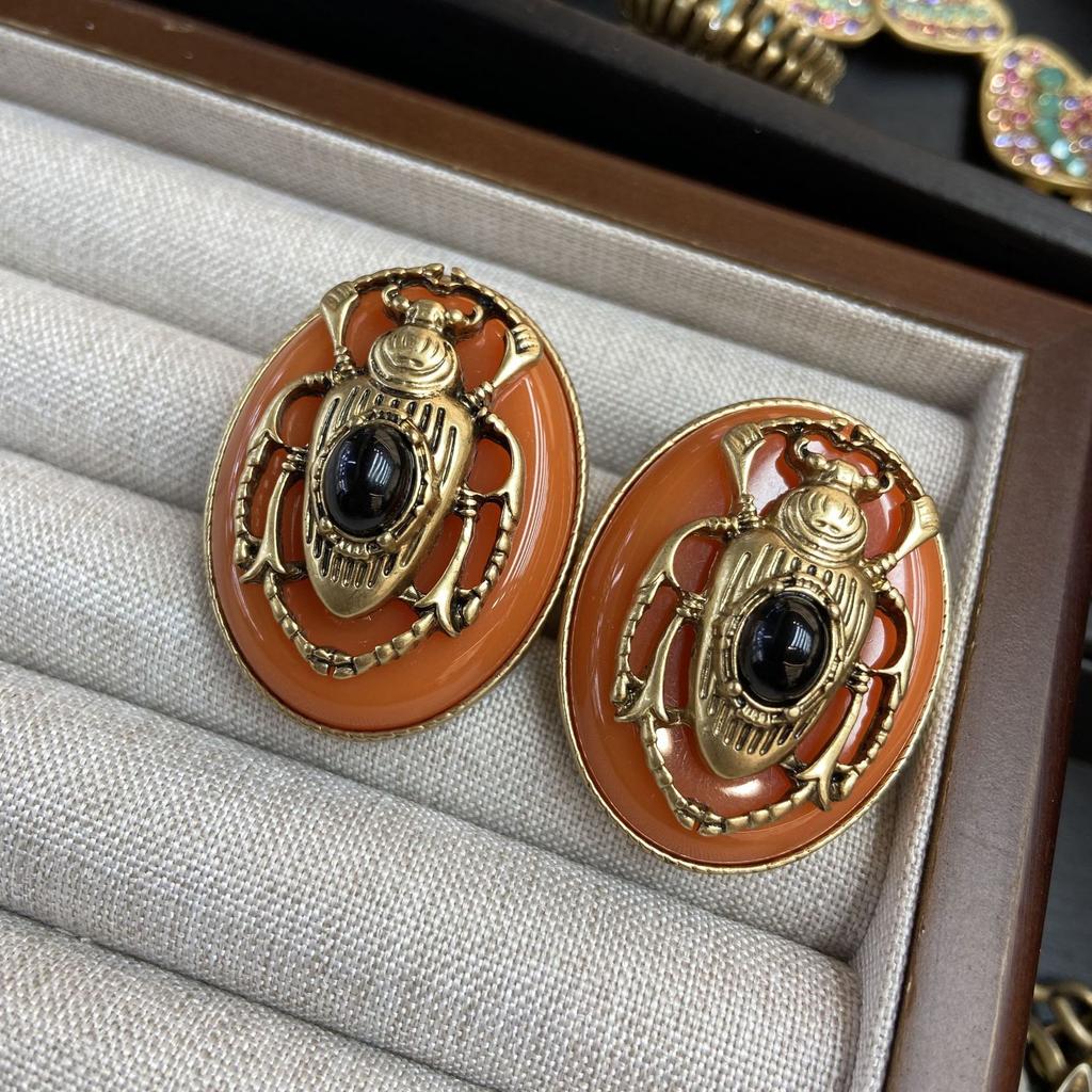 Russian Gold Dripping Orange Retro Insect Scarab Beaded Double Layer Necklace Ear Pat Ring Brooch Set