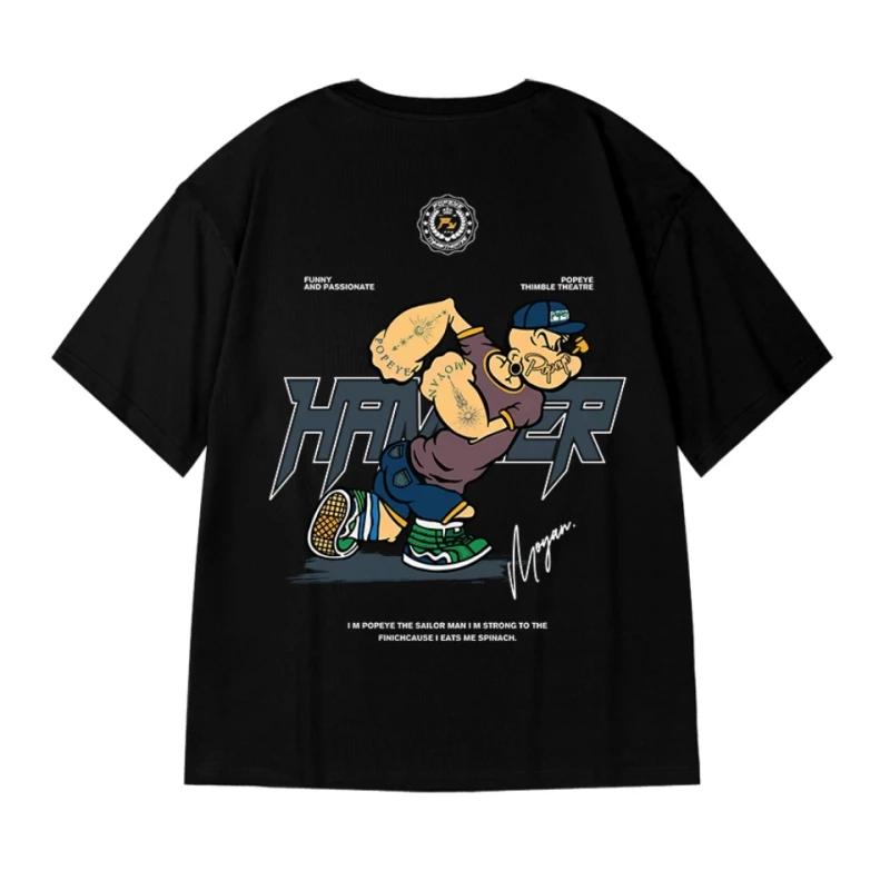 Summer Plus Size American Trendy Brand Cartoon Power Print Sailor T-shirt for Men Loose Cotton Short Sleeves
