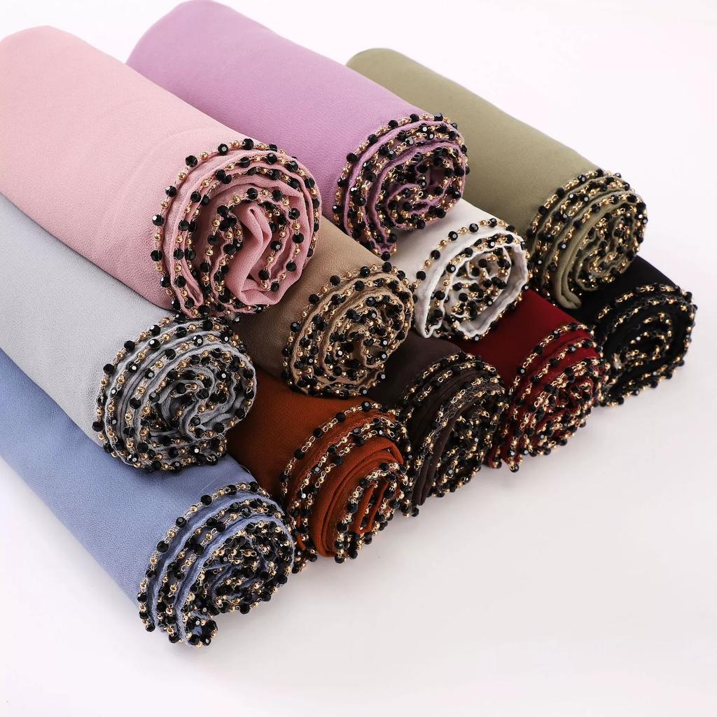New Pearl Chiffon Hijab Scarf Copper Chain With Black Crystal Pearls Women Muslim Fashion Hijabs For Women Ramadan Turban Femme