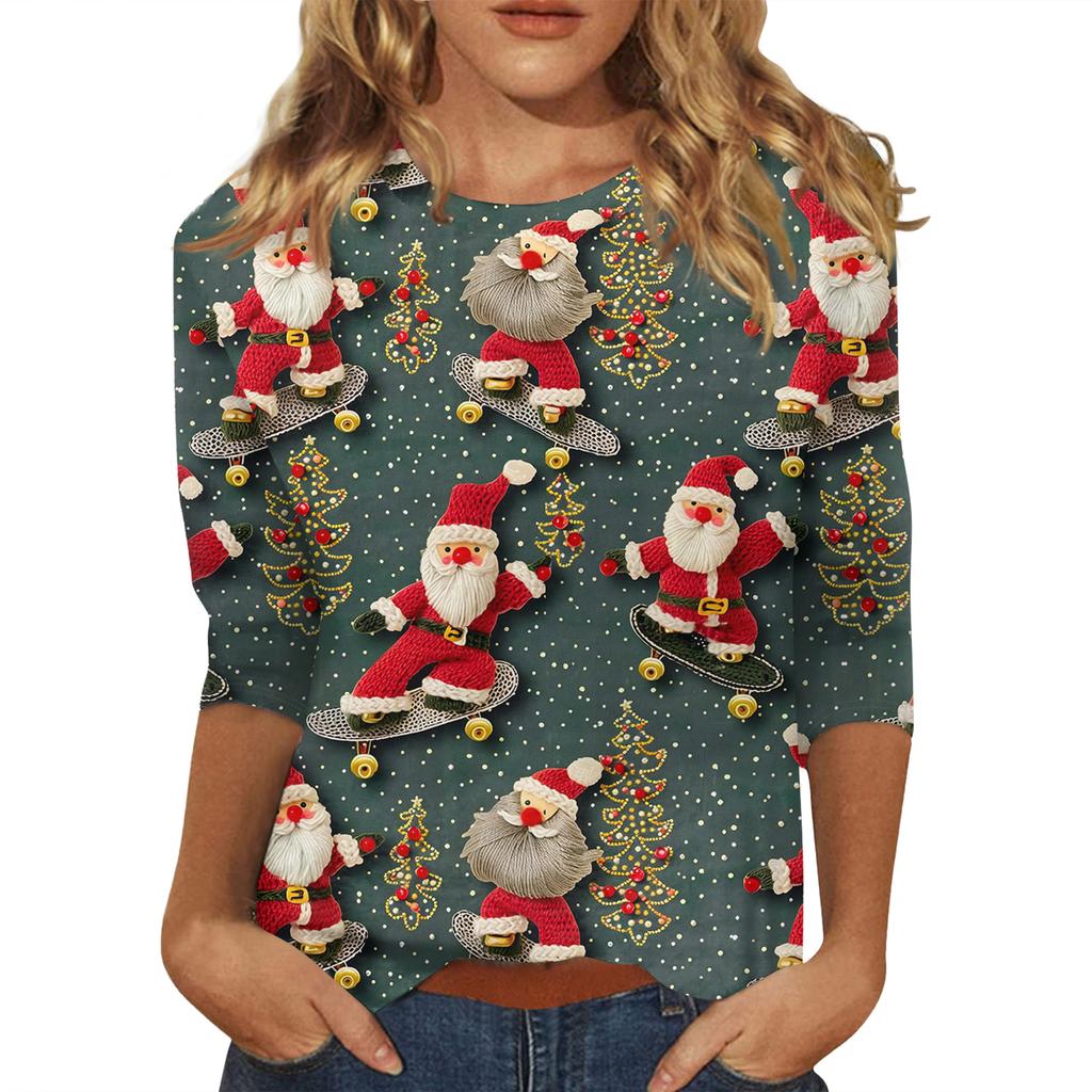 Women's Fashionable Casual Three-Quarter Sleeve Christmas Print Round Neck Top