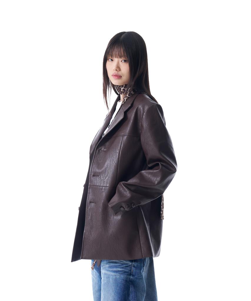 Aakam 3-Button Leather Blazer (Brown)