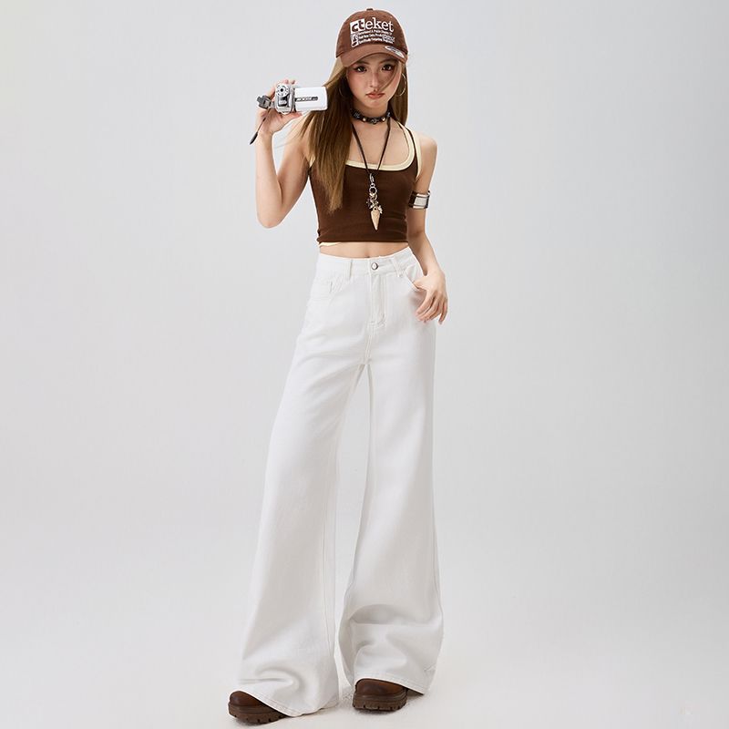 Spring Summer Off White High Waist Slim Horse Hoof Floor Flare Denim Pants For Women Casual Pants Oversize Denim Trousers