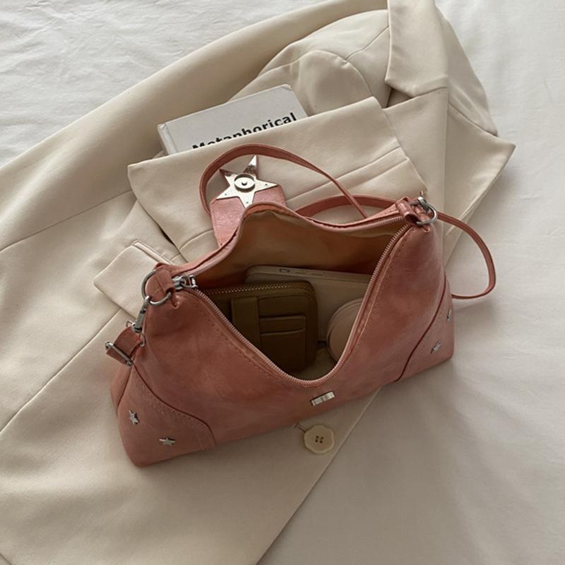 Women PU Star Decor Shoulder Bag Chic Hobo Bag Large Capacity Fashion Crossbody Bag Solid Color Sweet Underarm Bag AVE