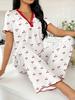 Spring and Autumn Women's Wide-Leg Print Pajama Set: Comfortable Short Sleeve Top and Long Pants for Indoor/Outdoor Wear.