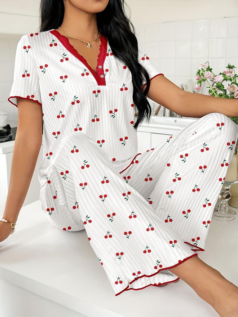 Spring and Autumn Women's Wide-Leg Print Pajama Set: Comfortable Short Sleeve Top and Long Pants for Indoor/Outdoor Wear.
