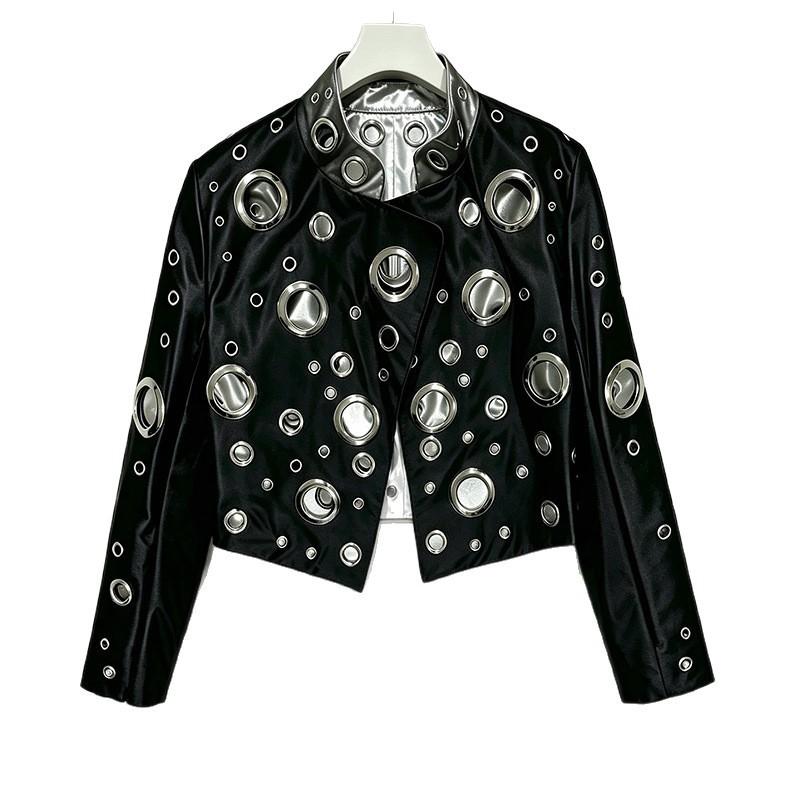 Womens 2026 Patchwork Faux Leather Biker Jacket Stand Collar Cropped Streetwear