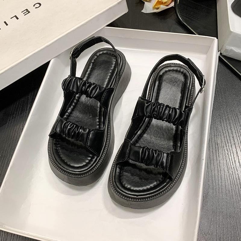 Retro thick low women's sandals 2025 summer new mid-heel Korean one-character pleated buckle Roman beach shoes women