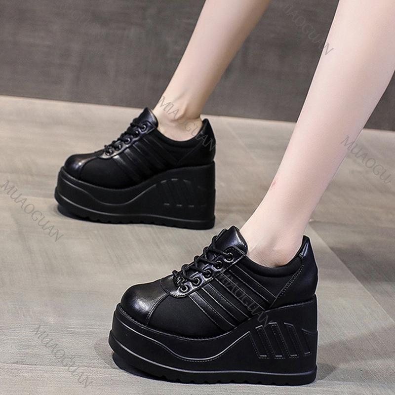 Fashion Women's Platform Shoes Punk Style Platform Women Pumps Black Fashion Wedges High Heels Ladies Shoes Large Size Lace Up Sneakers