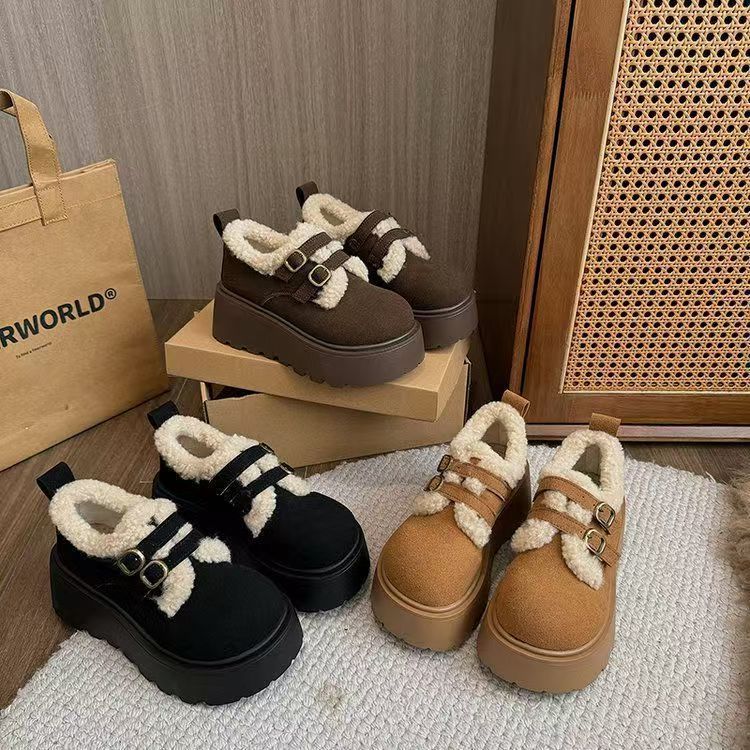 Low top plus winter slope heel college wind hair fleece snow boots fluff thin Birkenstock cotton shoes women's tide muffin