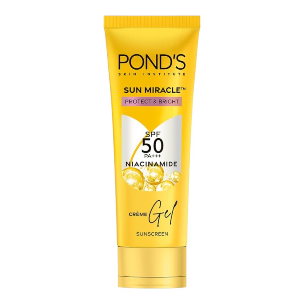 POND'S Sun Miracle SPF 50 PA+++ Crème Gel Écran Solaire 100g Pour le Visage Avec Niacinamide, Sans Trace Blanche, Éclat Lumineux, Estompe les Taches, Absorption Rapide