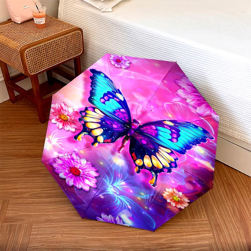 1pc Ladybugs, Butterflies Pattern Umbrella Portable Folding Umbrella Iron Frame Hole Bone Structure Outdoor Home Umbrella