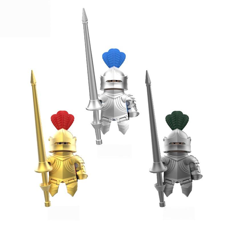 11 buc Figurine Cavaler Medieval Gotic Armură Aurită Blazon Codificat Sulițe Design Detaliat + Sulițe Interșanjabile Bloc de Construcție