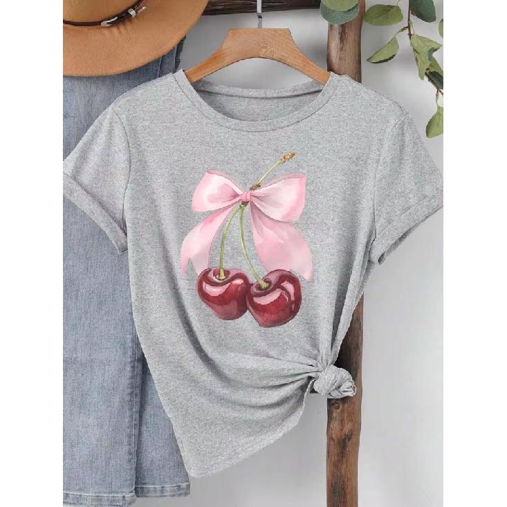 T-shirt da Donna con Stampa Ciliegie Manica Corta Girocollo Top Casual per Estate Primavera Abbigliamento Donna Top Magliette