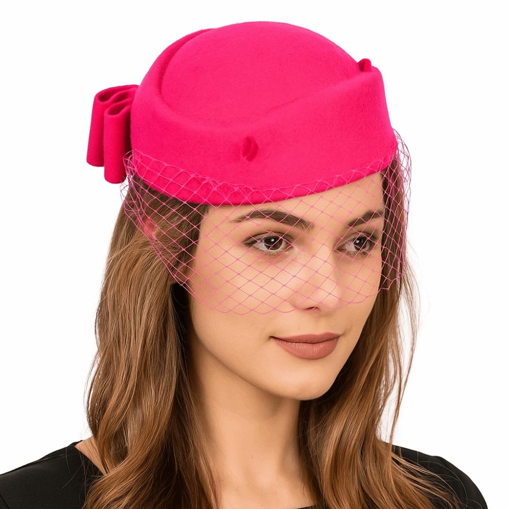 British Style Pillbox Hat Solid Color Topper Hat Elegant Wool Bow Hat with Veil  Wedding