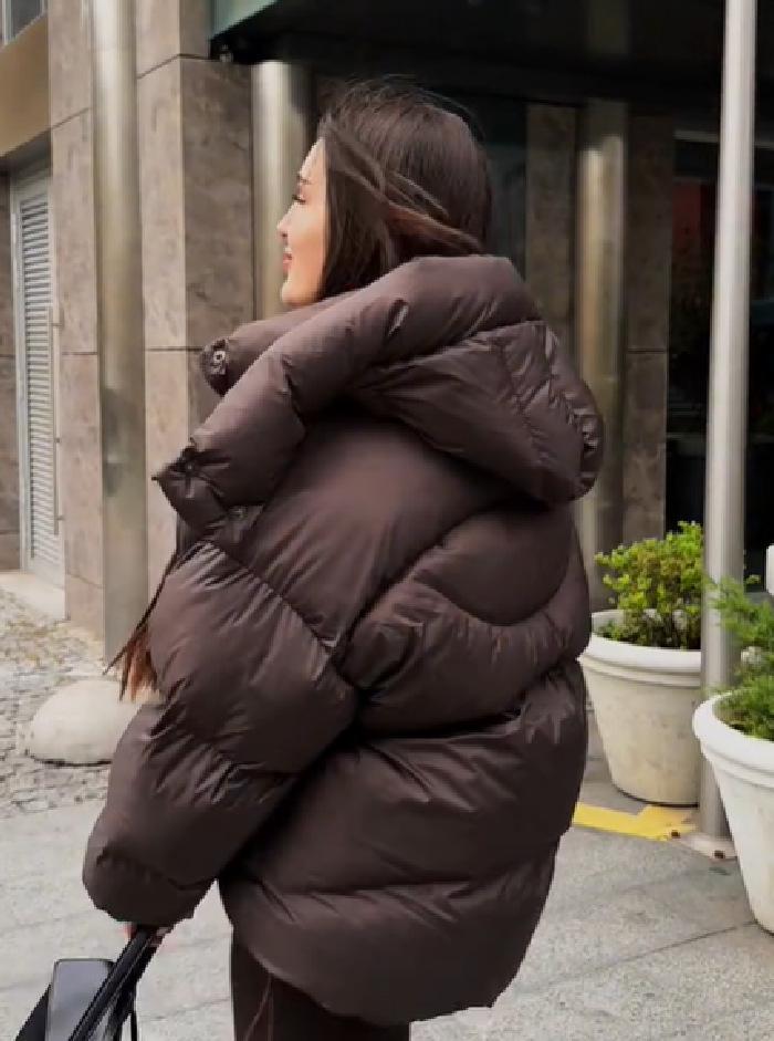 Γυναικείο Casual Πουπουλένιο Μπουφάν με Κουκούλα Φθινόπωρο/Χειμώνας 2025 - Μονόχρωμο, Χαλαρή Εφαρμογή, Μακρύ Μανίκι
