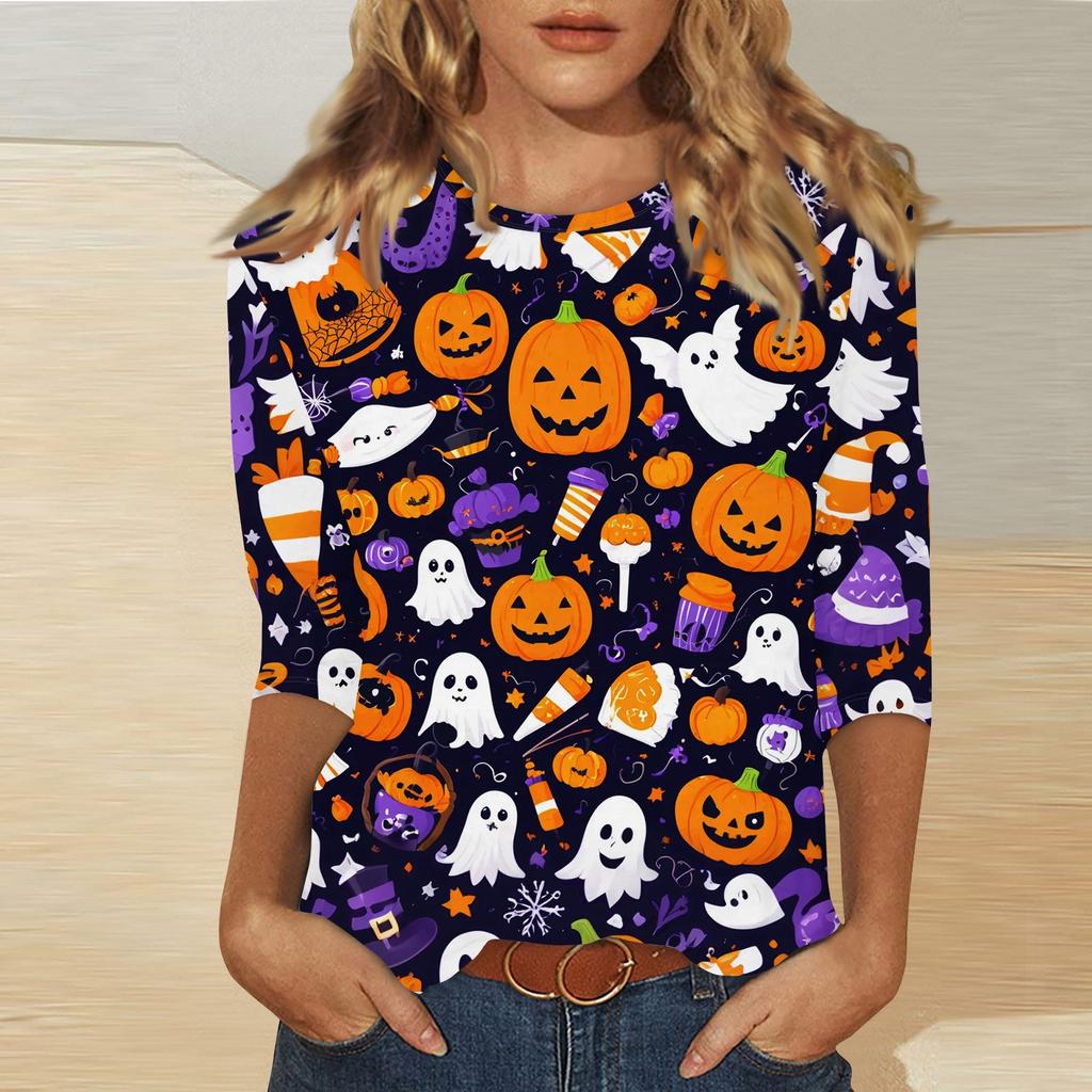 Women's Fashion Casual Three-quarter Sleeve Halloween Printed Round Neck Top