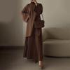 AUT1027392CMP Women Modest Two Piece Set Long Sleeve Loose Top Pleated Maxi Skirt Muslim Abaya Outfit Casual Matching Suit