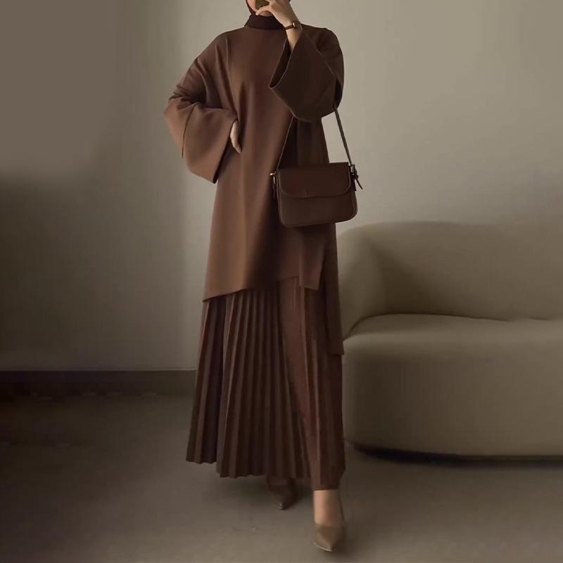 AUT1027392CMP Women Modest Two Piece Set Long Sleeve Loose Top Pleated Maxi Skirt Muslim Abaya Outfit Casual Matching Suit