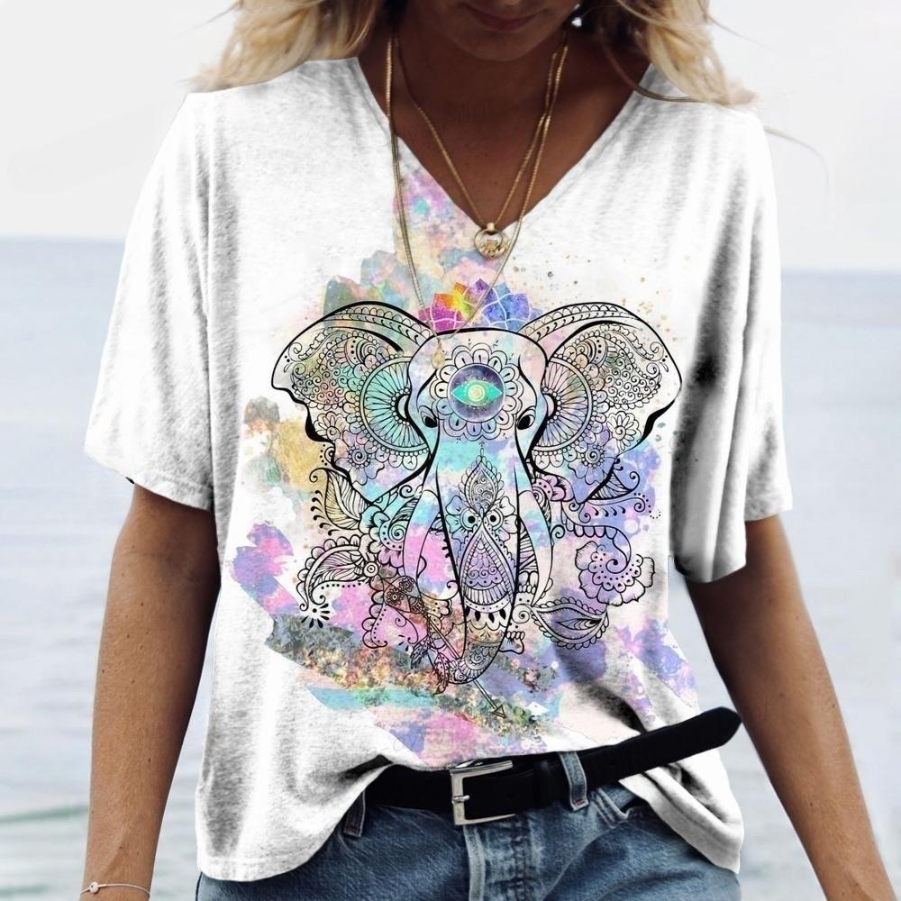 

Модная женская футболка с 3d принтом слона, с коротким рукавом, простые топы с v-образным вырезом, футболки, повседневная футболка для женщин, одежда больших размеров L