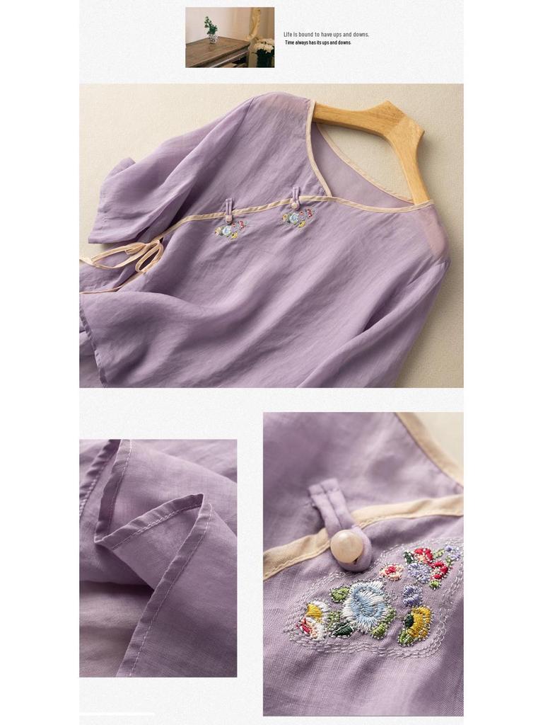 2024 Women's Cotton-Linen Embroidered Short Sleeve Shirt with Oblique Collar