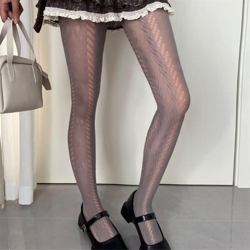 Bowknot Twist Stripe Jacquard Sheer Pantyhose With Breathable Lace Design Solid Color Hollowout Fishnet Tights for Women