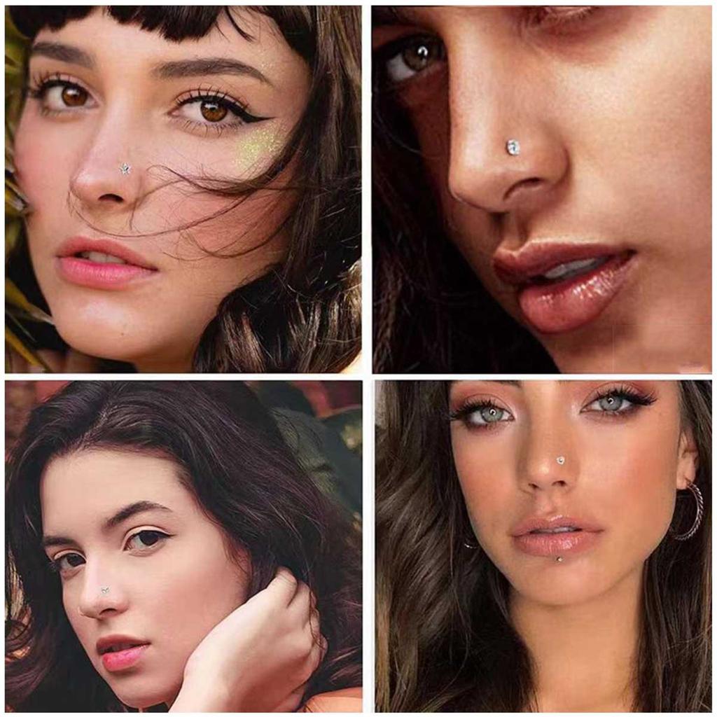 Packung mit 4 Nasensteckern aus Edelstahl mit Zirkon 3 Stile 4 Farben Bequemer Körperschmuck für Frauen und Männer