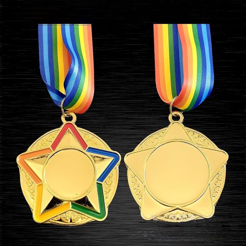 1 st Flerfärgad Femstjärnig Medalj Med Färgat Band Guld Silver Koppar Färg Medalj För Olika Tävlingar Souvenir Tomma Medaljer