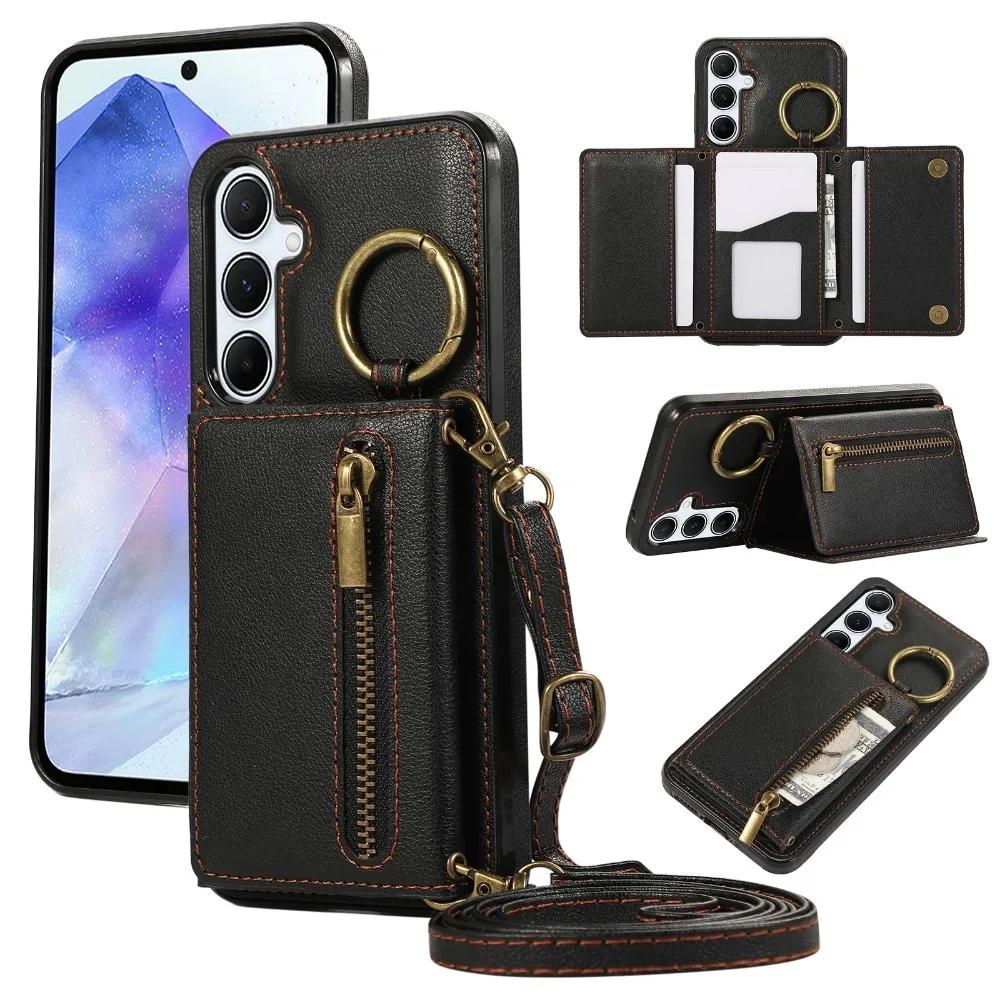 

Leather Crossbody Phone Case for Samsung S24 S25 S26 Ultra S23 FE S22 S21 Plus A57 A37 A56 A36 A16 Wallet Cover with Card Holder Galaxy S25