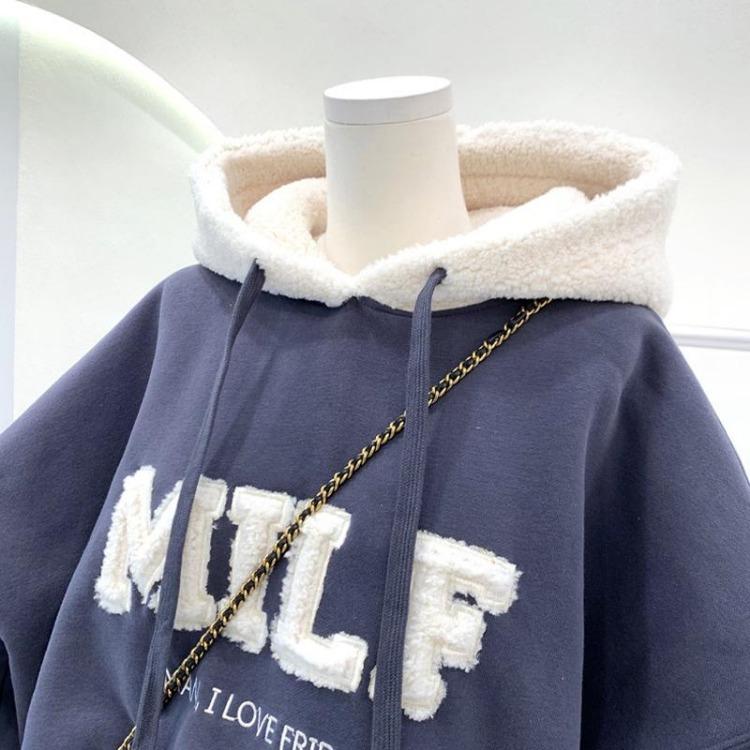 Thickened Padded Women's Loose Hooded Sweatshirt Faux Lamb Flannel Patchwork Clothing