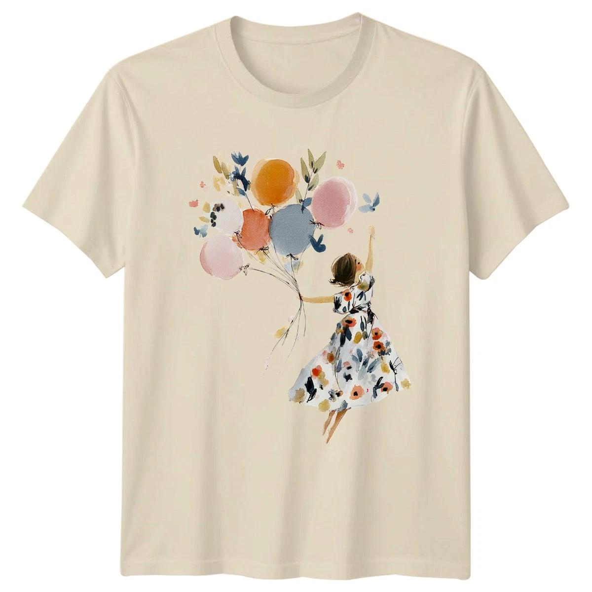 Watercolor Art Woman Holding Balloons Womens T-Shirt Floral Design Celebration XS