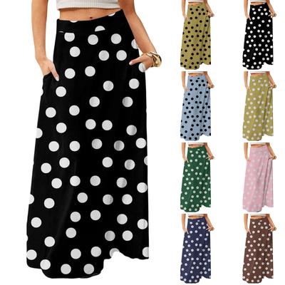 Women's Casual Leisure Foldable Dot Print High Waist With Pocket Draped  Relaxed Long Maxi Skirt