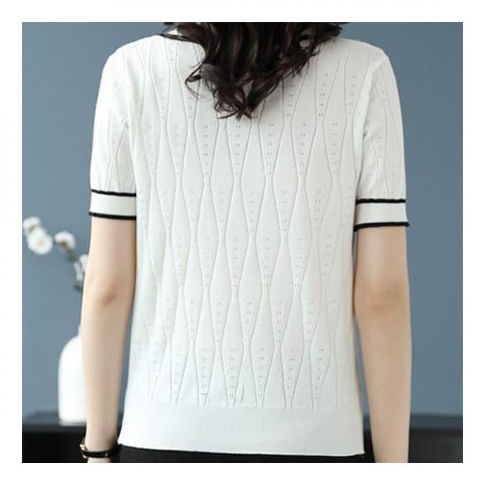 Navava Women Lovely Ribbon Collar Neck Short Sleeve Knit Nk2148
