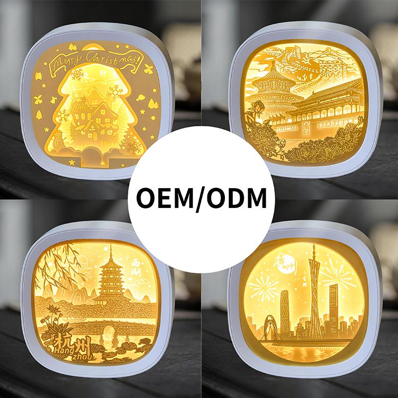 Xmas Party Present Creative 3D Christmas Scene Paper Sculpture Lamp for Warm Light Paper Art Shadow Box Bedroom Table Ornament