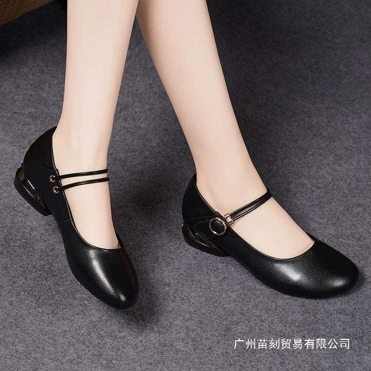 Coarse Heel Single Shoes Women's Spring and Autumn Mother Shoes Flat Bottom Low Heel Round Head Women's Leather Shoes Soft Sole