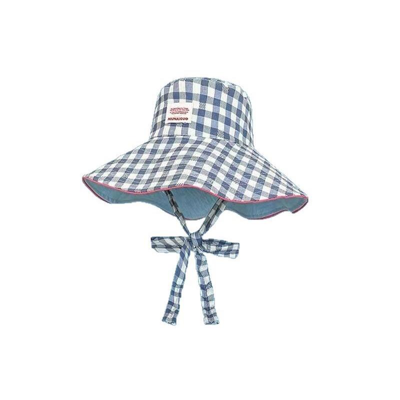 1Pcs Double-sided Plaid Wide-edged Lace-up Bucket Hat Summer Outdoor Versatile Sunscreen Sweet Mountaineering Hat
