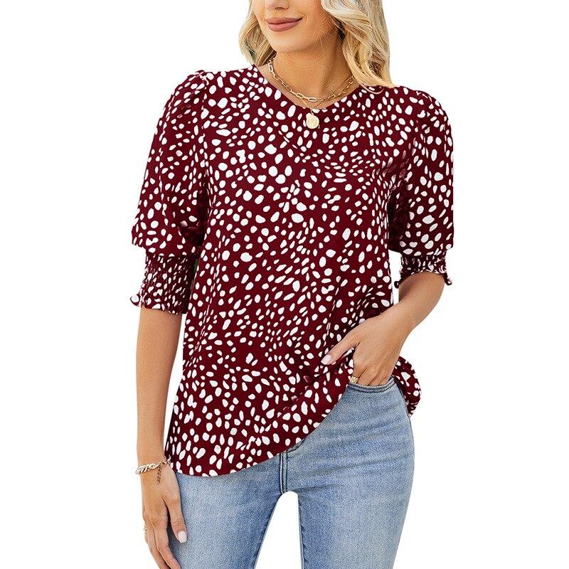 

2026 Summer Loose Elegant Womens Blouse Print Short Sleeve Chiffon Shirt Women O Neck Casual Fashion Tops Female Clothing 25190 XXL
