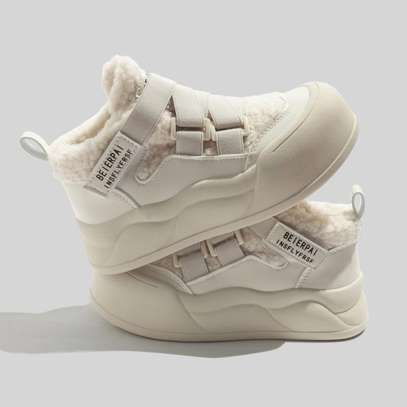 Women's High-top White Fleece Sneakers New Winter Casual Shoes Warm Cotton-padded Shoes Round Toe Snow Boots