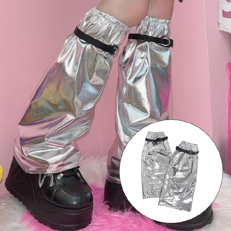 Aesthetic Fashion Buckle Strap Leg Warmer Streetwear Harajuku Boot Cover Metallic Shining Leg Sleeve Socks for Women