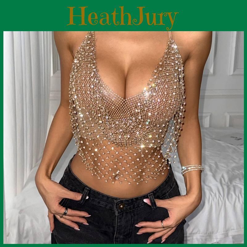 Sexy Spaghetti Strap Mesh Top With Rhinestones For Party And Clubwear Women