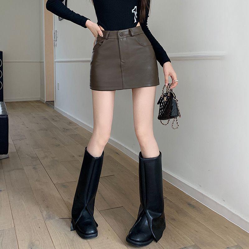 Plus Size Black PU A-line High Waist Skirt for Autumn/Winter