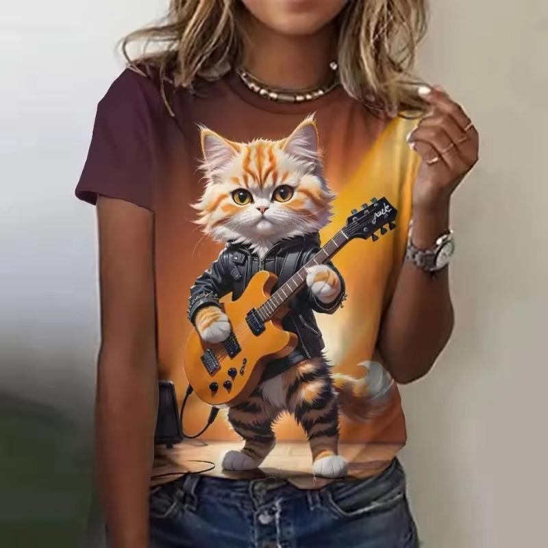 Summer Fashion Women's Animal T Shirt Stylish Kawaii Cat Printed Casual Short Sleeve Crew Neck Tees Round Neck Regular Tops