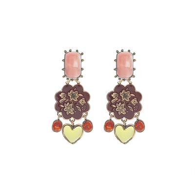 Retro Ethnic Style Resin Heart Dangle Earrings For Women Exquisite Charm Trendy Enameled Flower Earrings Party Jewelry Gift