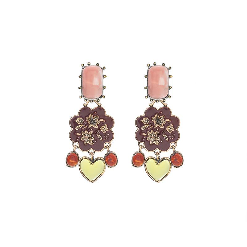 Retro Ethnic Style Resin Heart Dangle Earrings For Women Exquisite Charm Trendy Enameled Flower Earrings Party Jewelry Gift